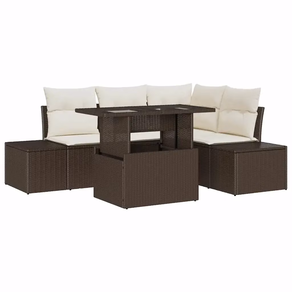 Set Divano da Giardino a L vidaXL 5 Pezzi Marrone con Cuscini e Tavolino in Vetro – 2