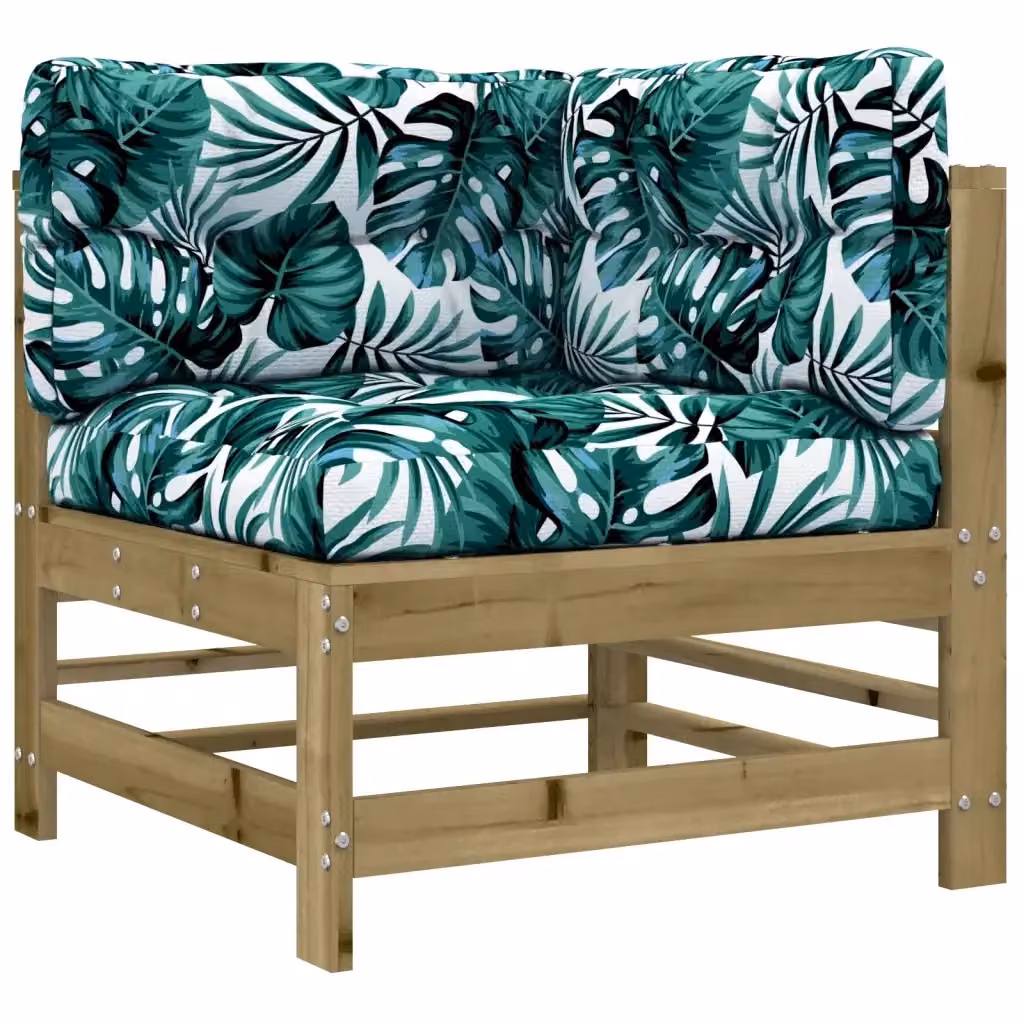 Divano Angolare Design Mania in Legno di Pino Trattato con Cuscini in Tessuto Verde a Motivo Floreale per Giardino o Soggiorno L/P/H: 220 x 160 x 63,5 cm – 2