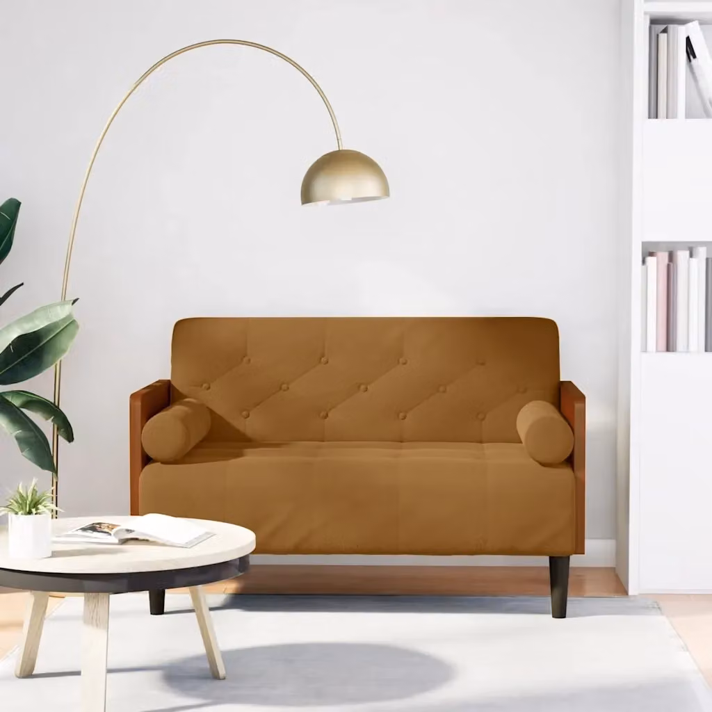 Divanetto da soggiorno in velluto marrone con cuscini, L: 116 cm, P: 74,5 cm, H: 68 cm – 2
