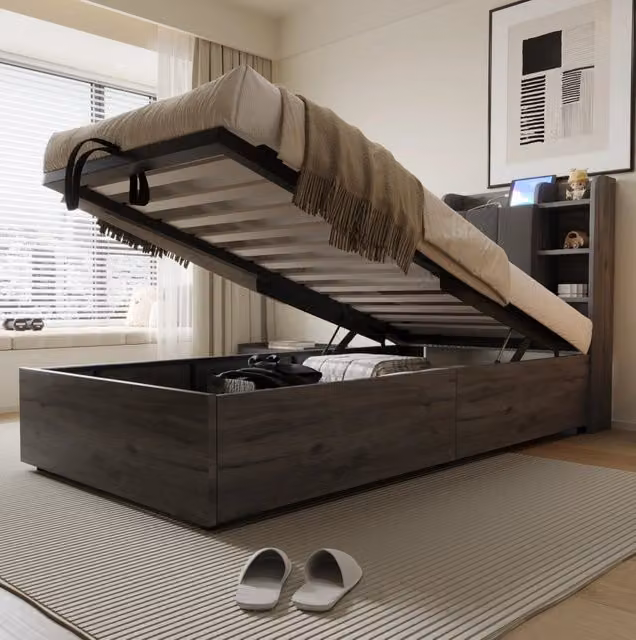 Letto singolo ULEVR 90x200 cm con contenitore idraulico, testiera con vani e porte USB/Type-C, grigio e color legno