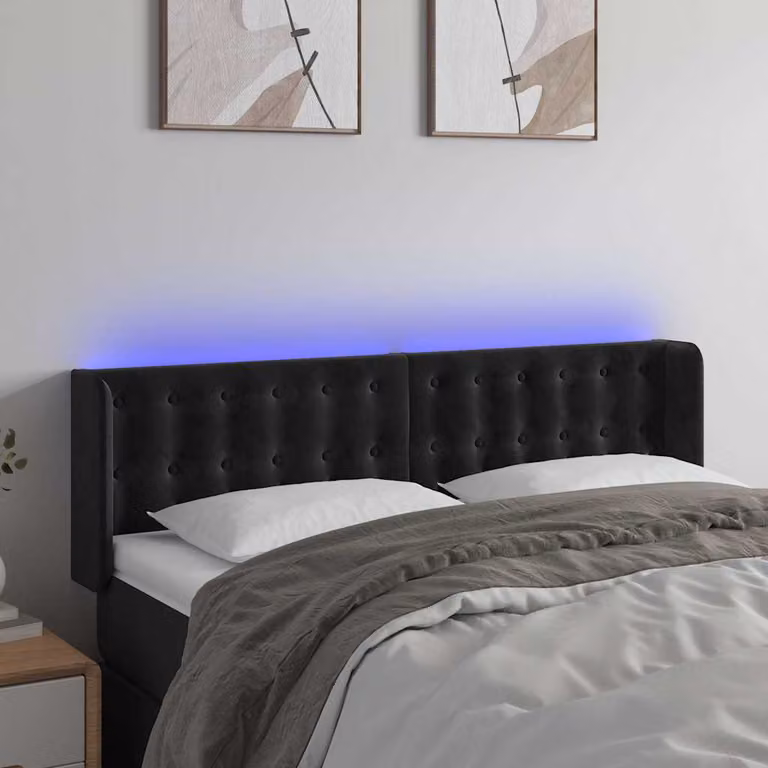 Testiera per letto vidaXL in velluto nero con illuminazione LED e porta di ricarica USB, L 147 cm, P 16 cm, H 78-88 cm