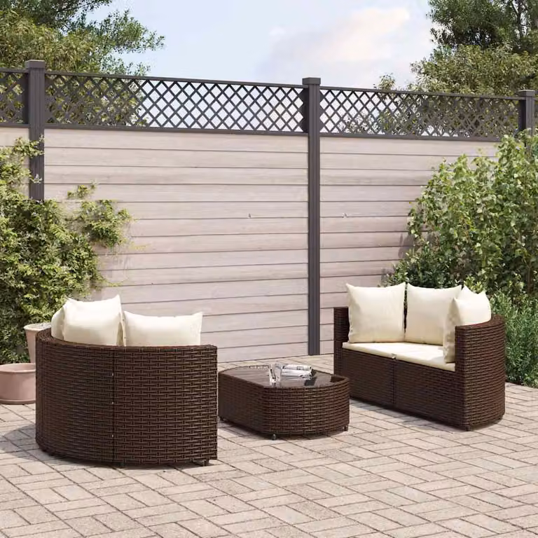 Set Divano da Giardino vidaXL 5 Pezzi a Forma di L con Tavolino in Vetro e Cuscini Marrone e Bianco