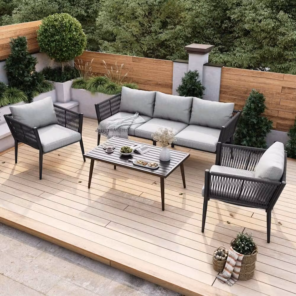 Set di mobili da giardino AIORBER, con divano a 3 posti, 2 poltrone e tavolo, gruppo da esterno in acciaio zincato, per giardini, terrazze, 173,5x67x63cm, grigio