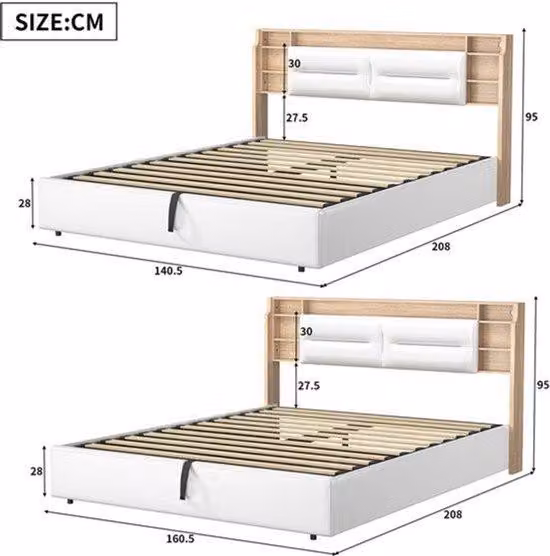 Letto matrimoniale imbottito con spazio contenitore a sollevamento idraulico e testiera illuminata a LED