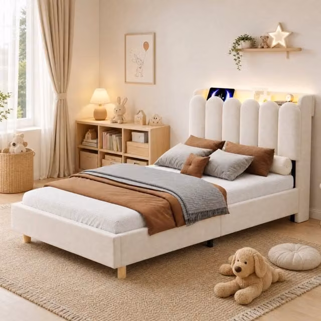 Letto per bambini 90x200 cm con rete a doghe, testiera con luce notturna e USB-C in velluto beige