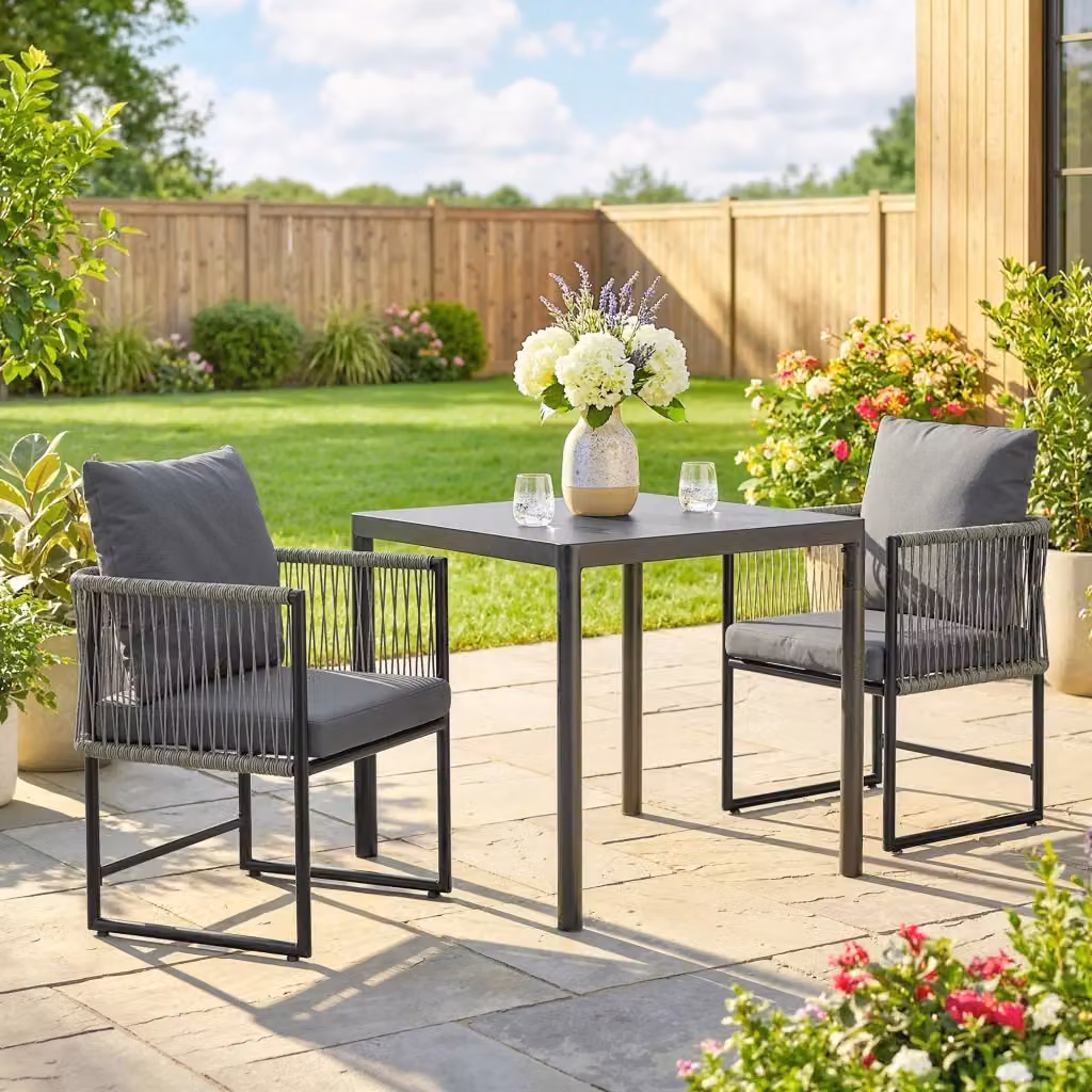 Set di 2 sedie da giardino Komhtom in polyrattan e metallo con braccioli e cuscini, Grigio e Nero, L/P/H: 52 x 52 x 66 cm – 2