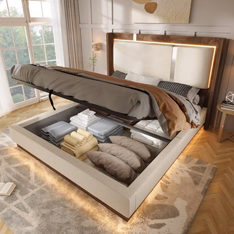 Letto idraulico con materasso imbottito Flieks 160x200 cm con contenitore, letto per ragazzi con contenitore e rivestimento in pelle, letto matrimoniale idraulico con rete a doghe, rivestimento in lino, beige