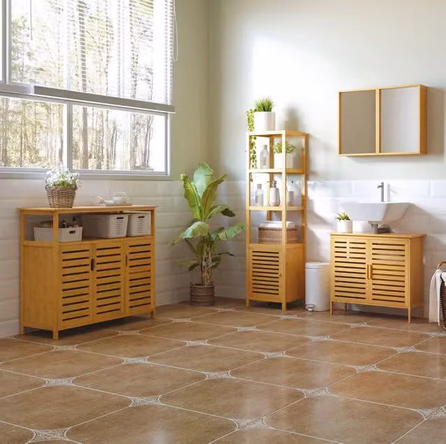 Mobile bagno ULEVR in bamb¨´ naturale 36x33x140 cm con 3 ripiani aperti e vano inferiore con anta