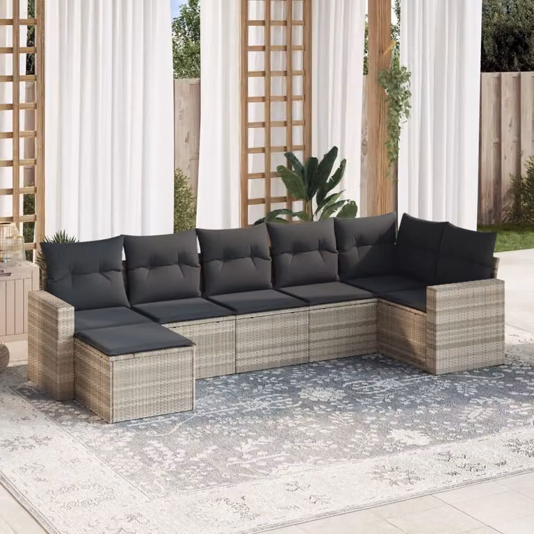 vidaXL Set Divani da Giardino 7pz Moderno in Polyrattan Grigio con Cuscini e Ottoman