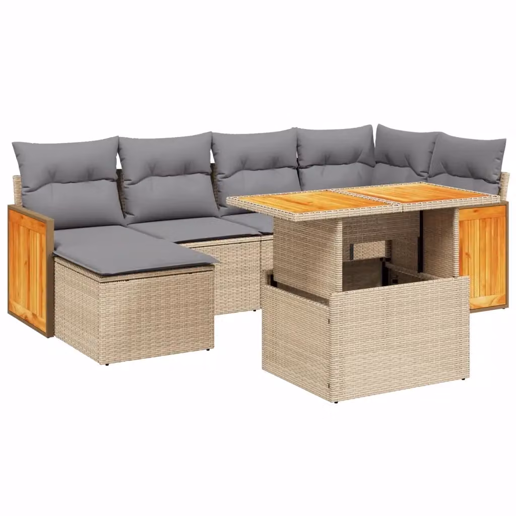 vidaXL Set Divani da Giardino a L 7 pz con Cuscini Beige e Tavolino in Polyrattan e Legno di Acacia – 2