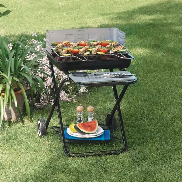 Barbecue a carbone Ranieri Clic Clac in acciaio inossidabile e acciaio smaltato nero e argento con ruote