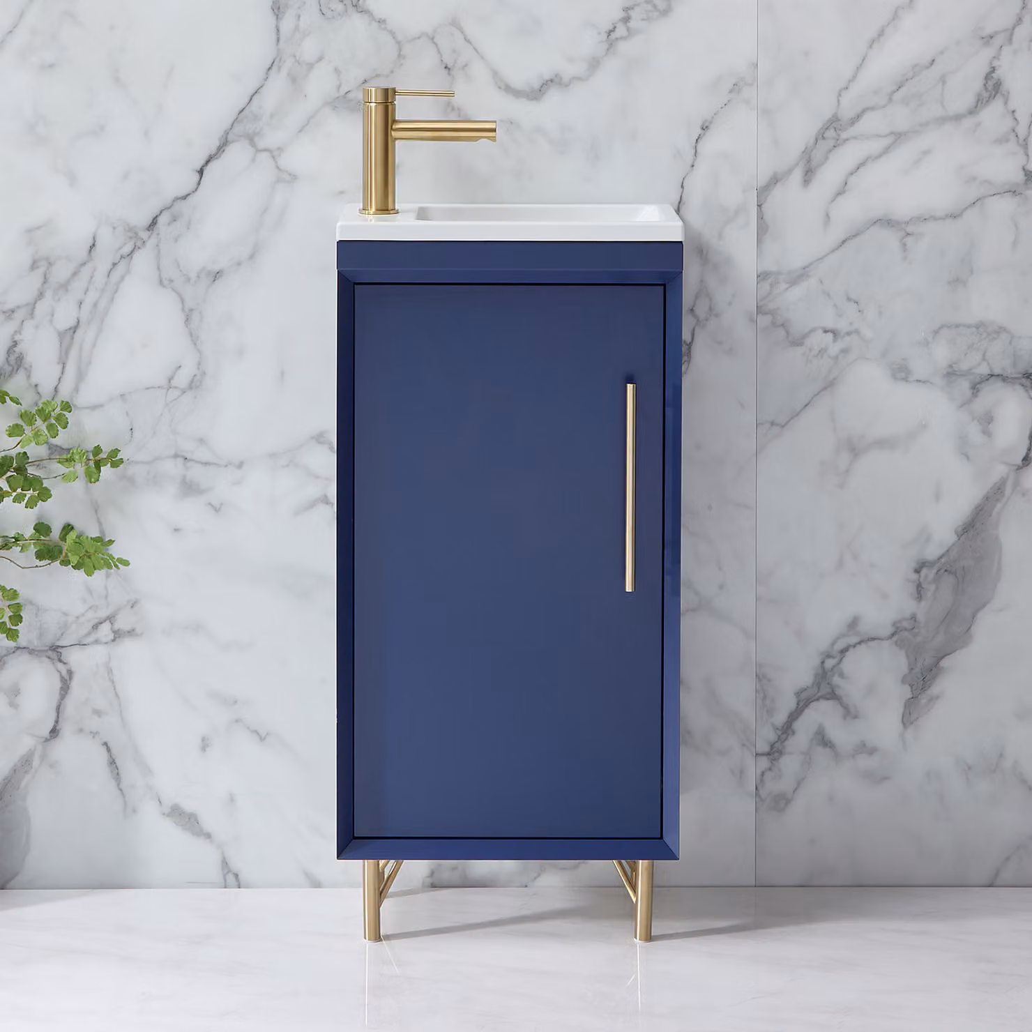 Mobile Bagno Blu Marino 400mm con Lavabo e Maniglia con Barra a T in Oro Satinato