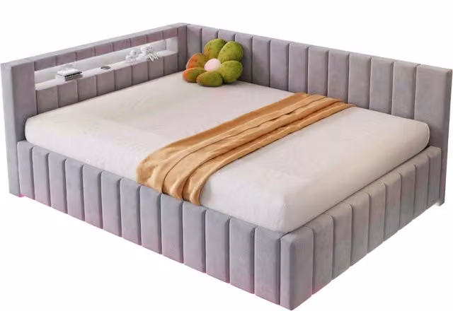 Letto matrimoniale 140x200 cm con contenitore idraulico; LED e USB in velluto grigio