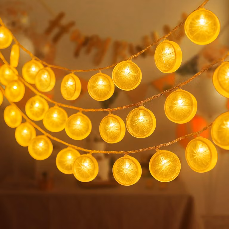 Catena luminosa a forma di limone, 3 metri, 20 LED, alimentata a batteria, colore giallo