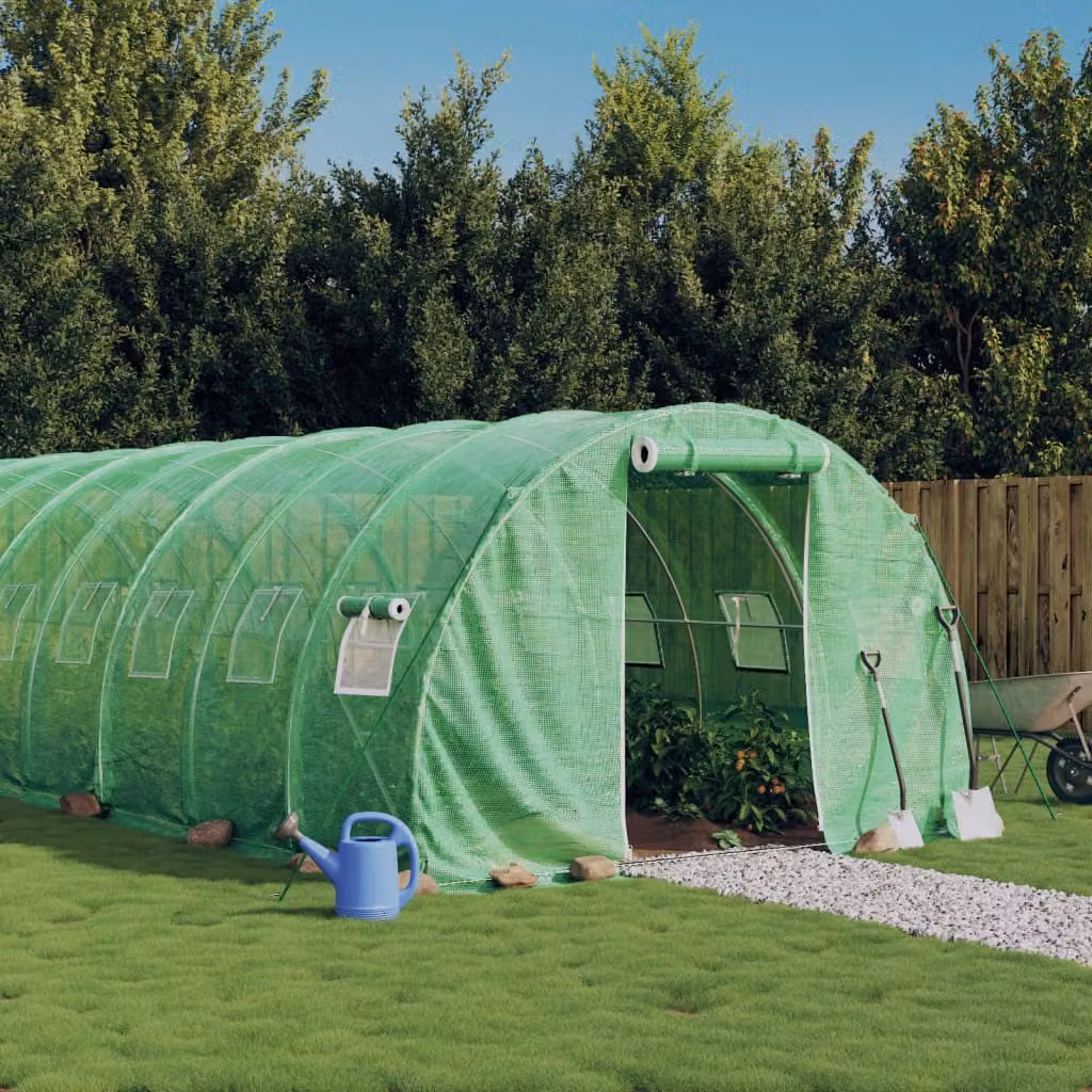Serra vidaXL con telaio in acciaio galvanizzato verde e copertura in policarbonato, L: 18 m, P: 3 m, H: 2 m