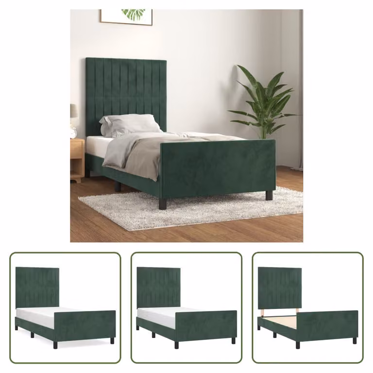 The Living Store Struttura letto con testiera in velluto verde scuro 100x200 cm