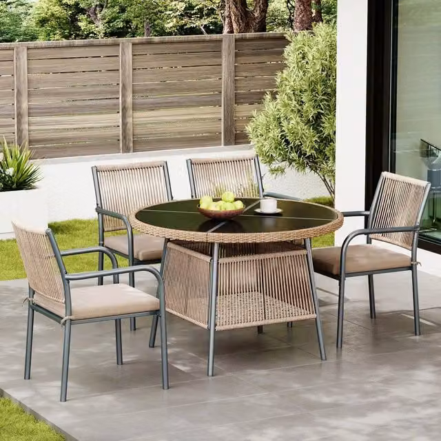 Set da giardino in rattan moderno - Zephmum- Tavolo rotondo in vetro + 4 poltrone