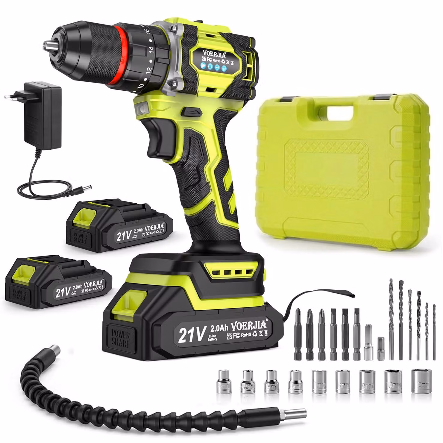 Trapano avvitatore a batteria - 21 V - Coppia di 60 Nm - 2 batterie agli ioni di litio da 2000 mAh - Materiale: plastica e metallo