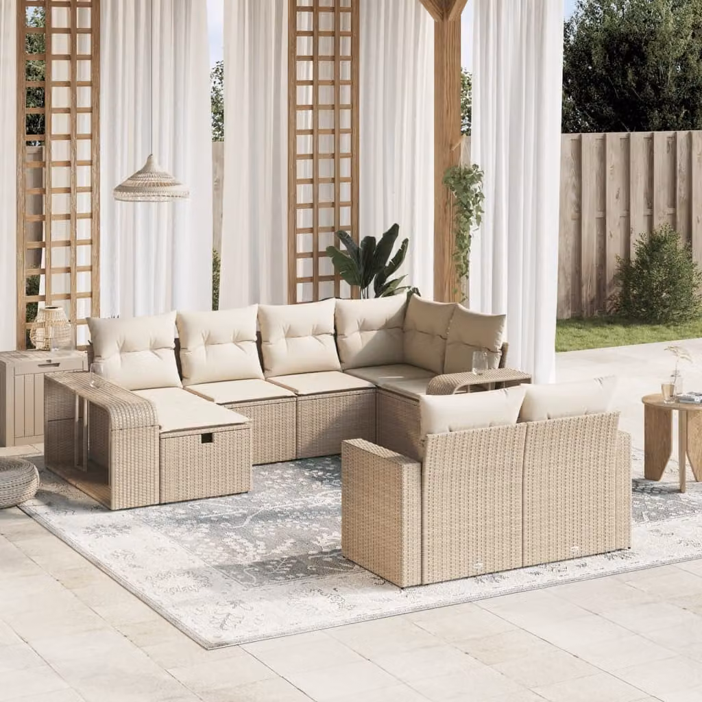 vidaXL Set Divano da Giardino 10 pz a forma di U in Polyrattan con Cuscini Beige e Struttura in Acciaio – 1