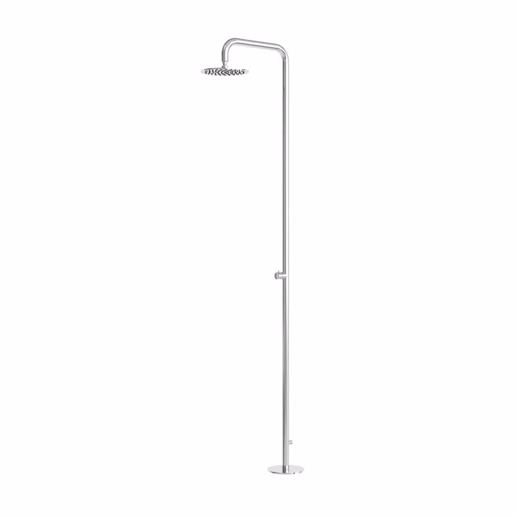 Doccia esterna SINED in acciaio inox AISI 316 colore argento satinato con soffione Ø 25 cm e attacco posteriore 1/2" con fissaggio a pavimento – 2