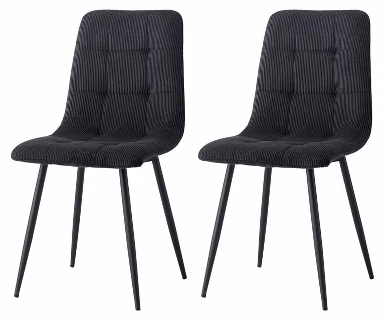 Sedie da pranzo - Set da 2 - Imbottite in tessuto corduroy - Gambe in metallo - Senza braccioli - Design moderno - Colore: nero
