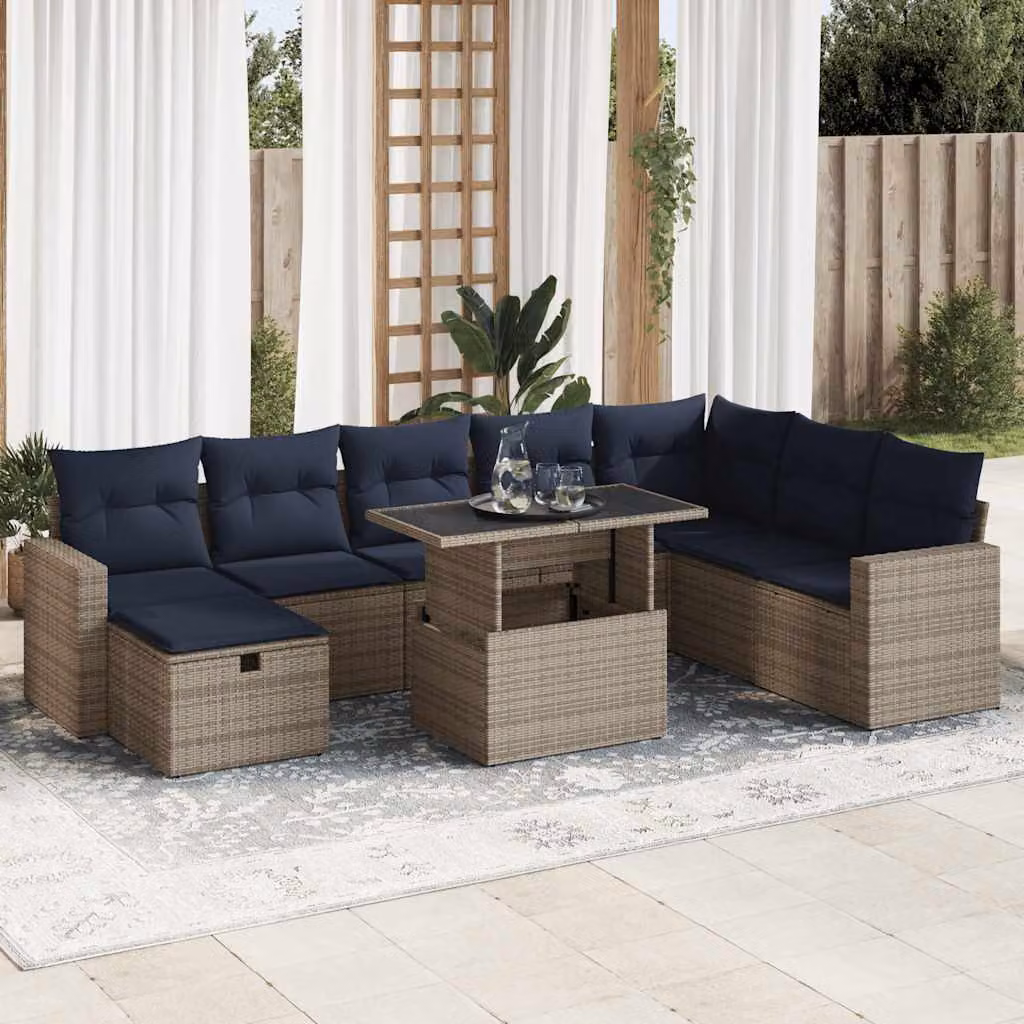 Set di divani da giardino vidaXL a forma di U composto da 9 pezzi in polyrattan con cuscini grigi e blu e tavolino da esterno