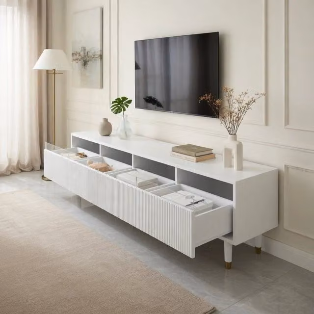Cassettiera per TV KOMHTOM bianca in MDF per soggiorno, L: 178 cm, P: 35 cm, H: 45 cm