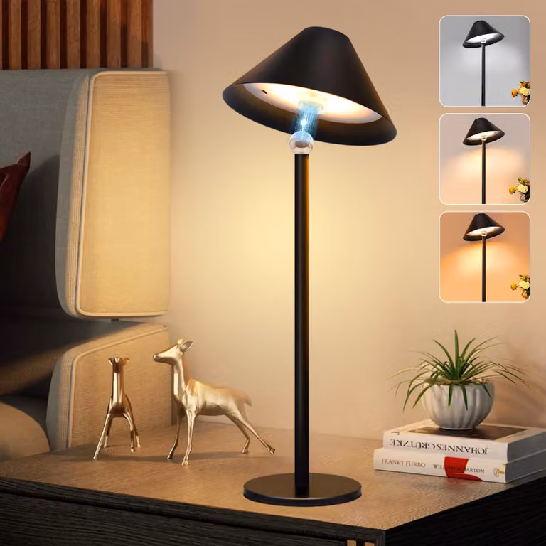 Lampada da tavolo a LED senza fili, batteria ricaricabile, orientabile a 360°, dimmerabile, 3 temperature di colore, lampada da comodino ricaricabile, nera