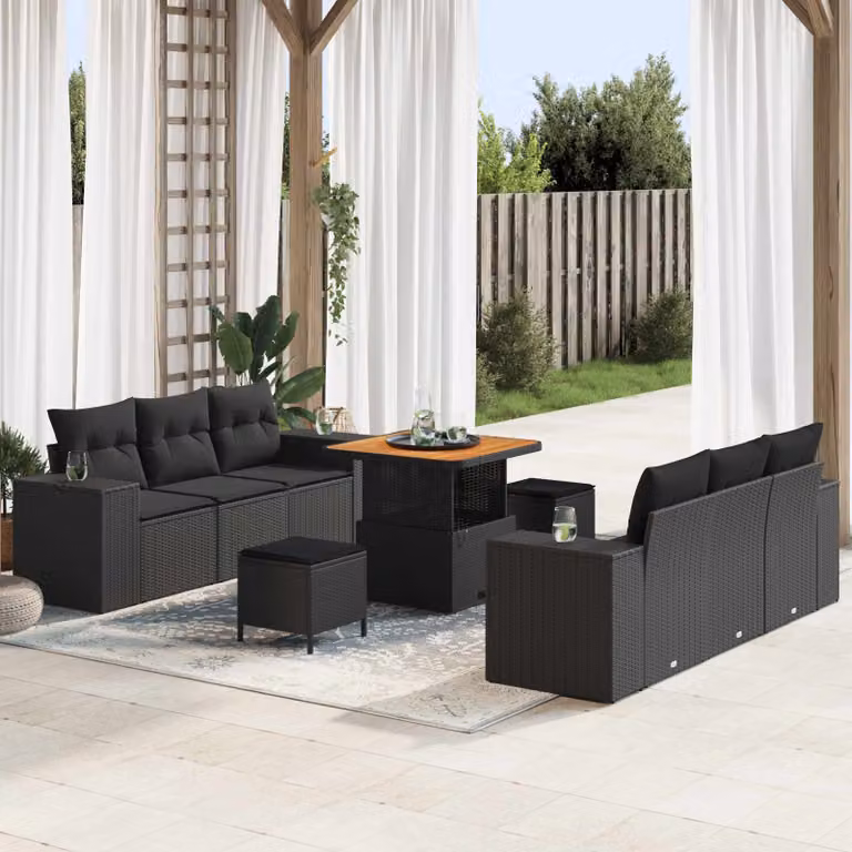 Set Divano da Giardino vidaXL 9 Pezzi Nero con Cuscini e Tavolino in Rattan e Acciaio