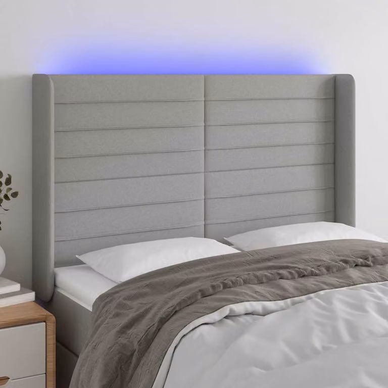 vidaXL Testiera con LED e Porte USB in Tessuto Grigio L: 147 cm, P: 16 cm, H: 118-128 cm