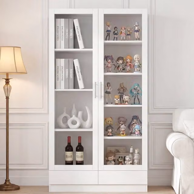 Vetrina, schedario, ante in vetro, 2 cassetti, 80 x 40 x 160 cm, bianco