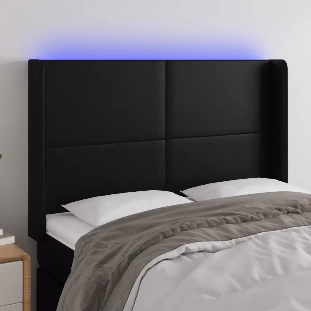 Testata del letto con illuminazione LED e porta di ricarica USB in similpelle nera, L: 147 cm, P: 16 cm, H: 118/128 cm – 2