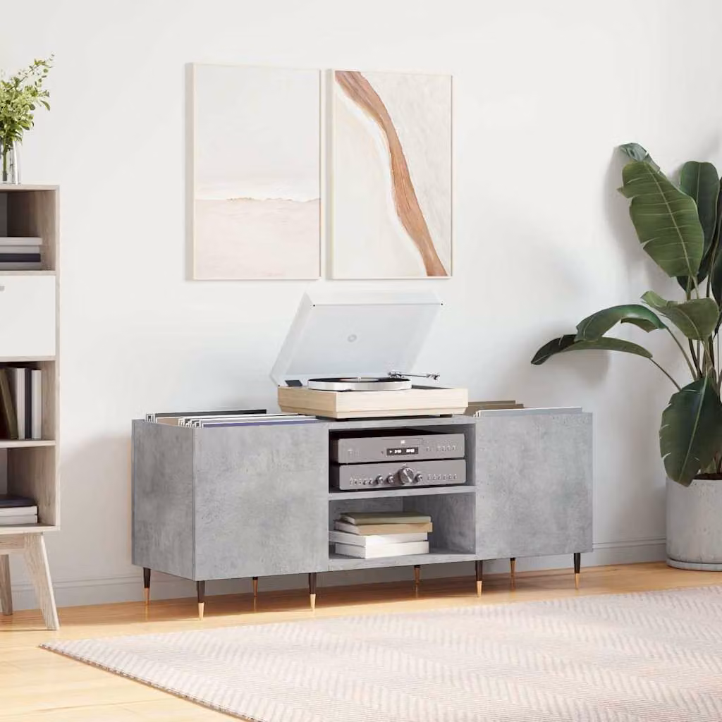 vidaXL Mobile Porta Dischi in Legno Multistrato e Metallo, Grigio Cemento, L: 121 cm, P: 38 cm, H: 48 cm