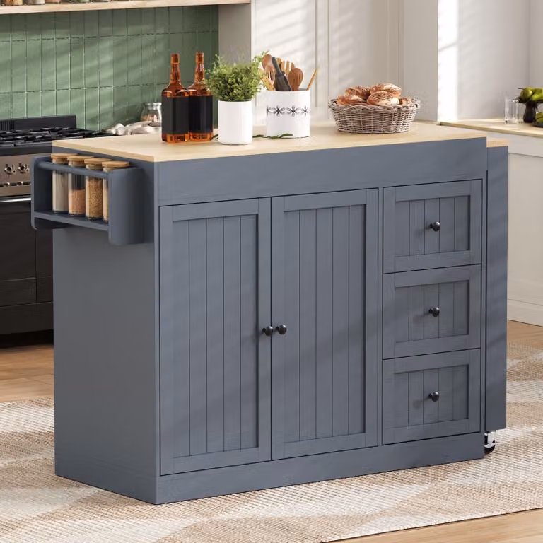 Isola da cucina su ruote - Piano estensibile per mangiare e scaffale per le spezie - Grigio