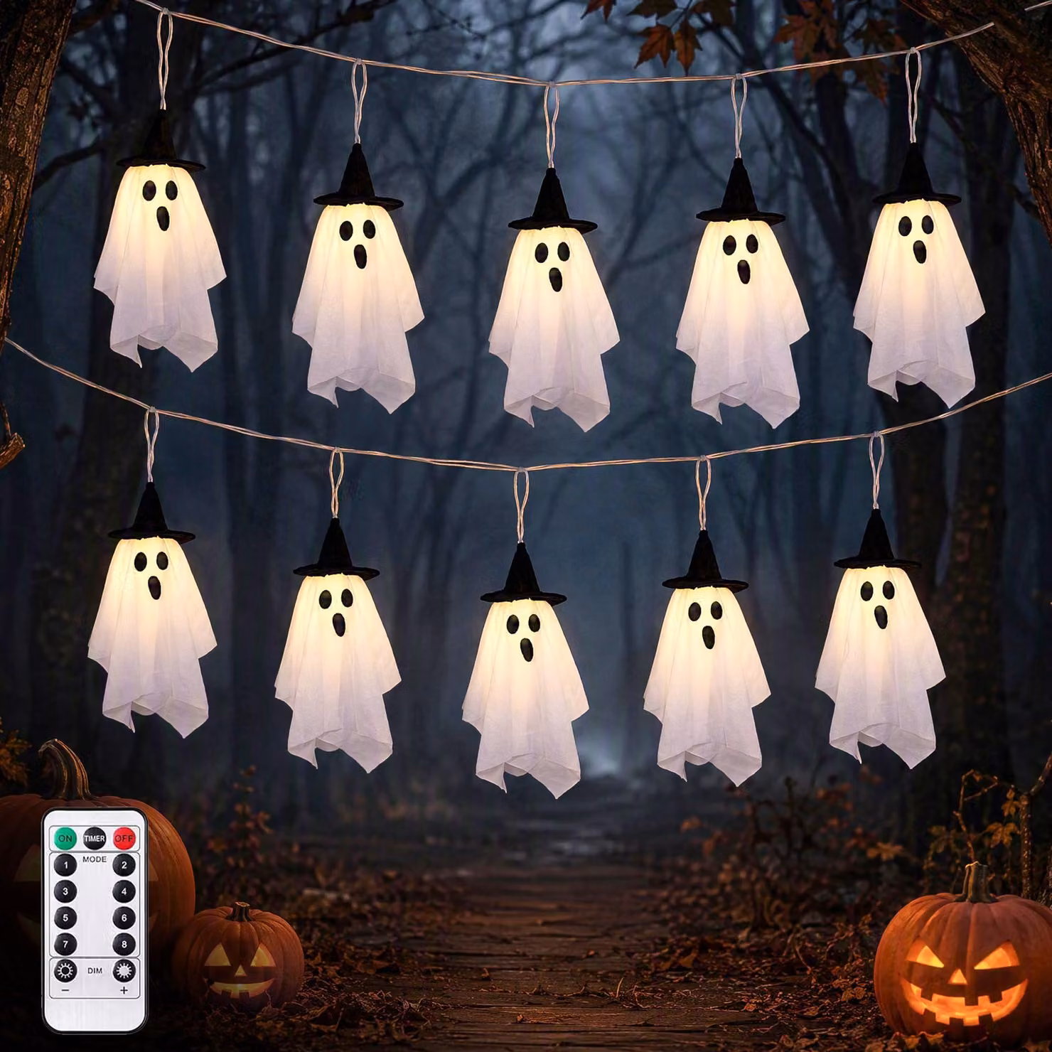 Catena luminosa a LED a forma di fantasmi, lunghezza 2,75 m, ideale per Halloween, con timer, 8 modalità di illuminazione, grado di protezione IP44