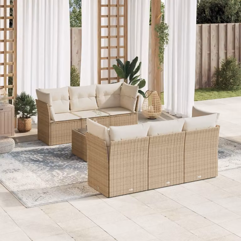 Set di divani da giardino vidaXL in polyrattan beige con cuscini e tavolino da esterno 7 pz