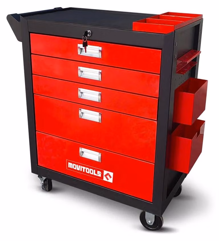 Carrello da officina con 5 cassetti, realizzato in resina epossidica, con capacità di carico di 150 kg, dotato di ruote e accessori