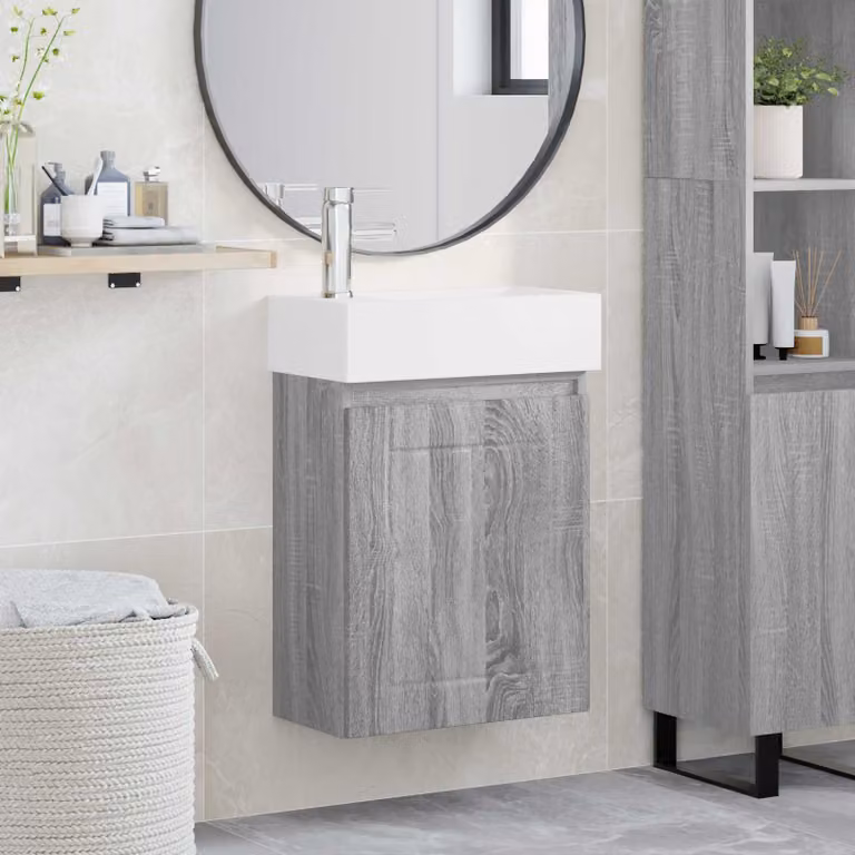 Mobile bagno moderno vidaXL con rubinetto in finitura Sonoma grigio, L: 45,5 cm, P: 25,5 cm, H: 84 cm