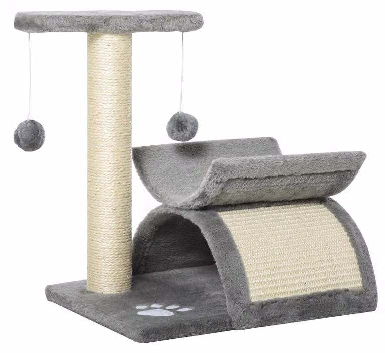 PawHut Tiragraffi per gatti con giochi e pallina, grigio