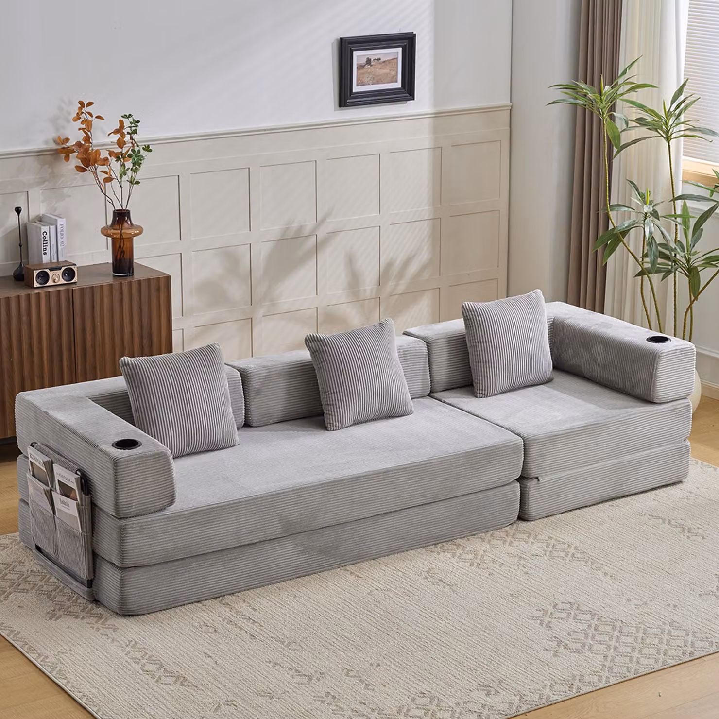 Divano a pavimento, divano componibile, trasformabile, con cuscini, braccioli, portabicchieri, tasche laterali, rivestito in tessuto corduroy, ideale per soggiorno/camera da letto. L3