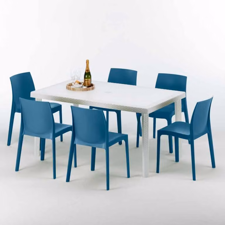 Tavolo rettangolare bianco e 6 sedie Set di bastoni da esterno in polipropilene colorato Grand Soleil Rome Summerlife - Blu
