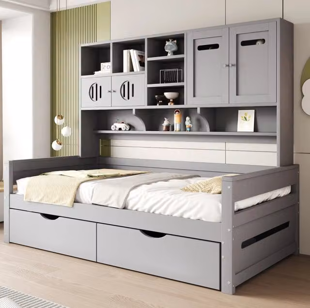Letto 90x200 cm grigio – con contenitore e 2 cassetti, senza materasso