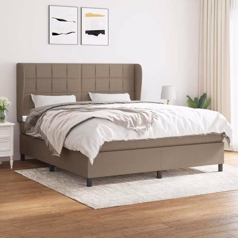 vidaXL Giroletto a Molle con Materasso in Tessuto Beige e Bianco, L/P/H: 183 x 203 x 128 cm