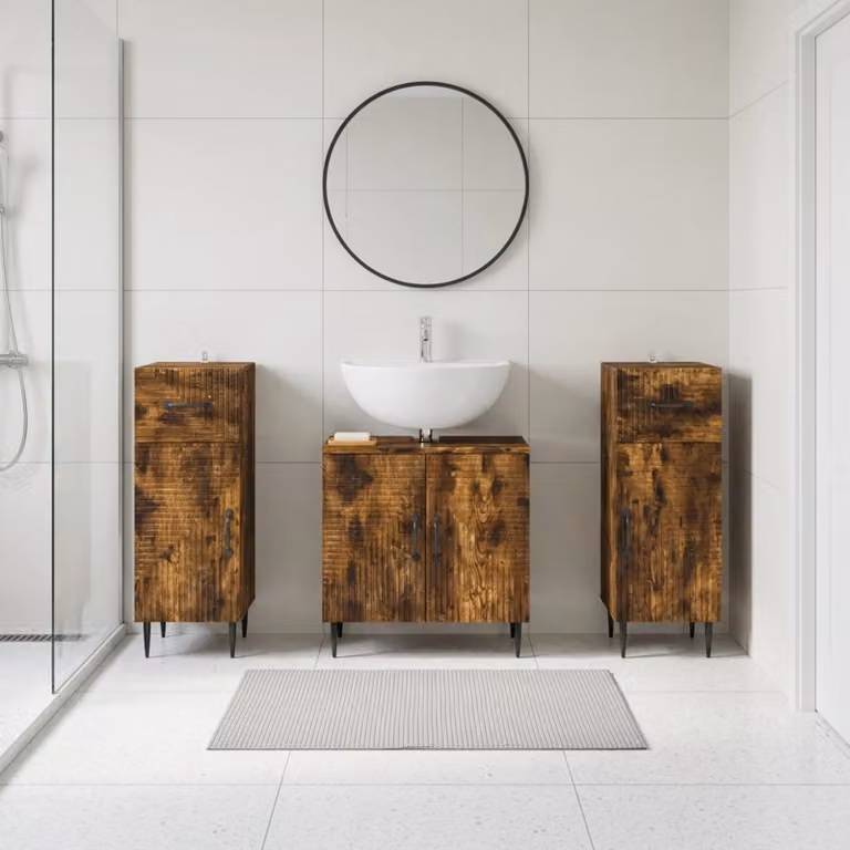 Set di armadietti da bagno vidaXL HAARLEM in 3 pezzi, Rovere Fumo, design minimalista con ante a cerniera e ripiani interni