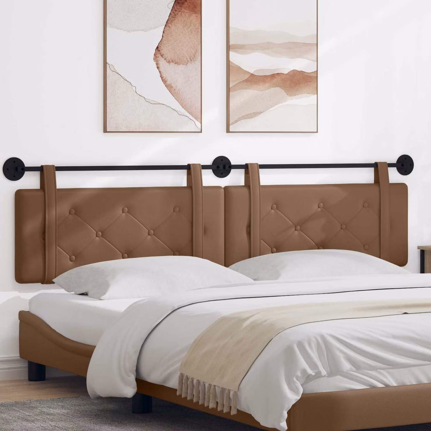 Testiera sospesa vidaXL in similpelle beige e marrone con pannello imbottito in legno MDF L: 210 cm, H: 55 cm, P: 5 cm