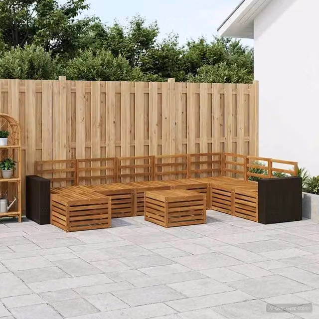 Set di divani da esterno vidaXL a forma di U in legno di acacia massello marrone con cuscini inclusi per giardino e terrazza – 1