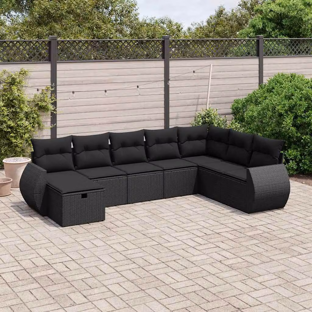 vidaXL Set Divani da Giardino a L con Cuscini 8 pz Nero in Polyrattan e Acciaio – 1