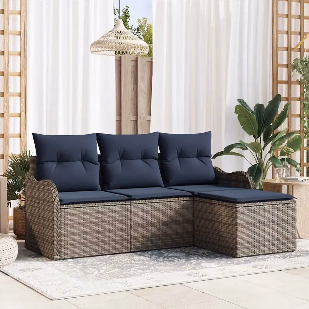 Set Divano da Giardino ad L vidaXL in Polyrattan Grigio con Elemento Angolare e Pouf