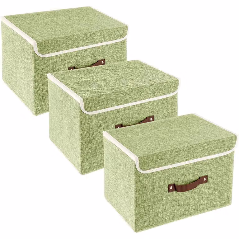 Contenitore pieghevole con coperchio, in tessuto, lavabile, set da 3, colore verde, dimensioni 38x25x25 cm