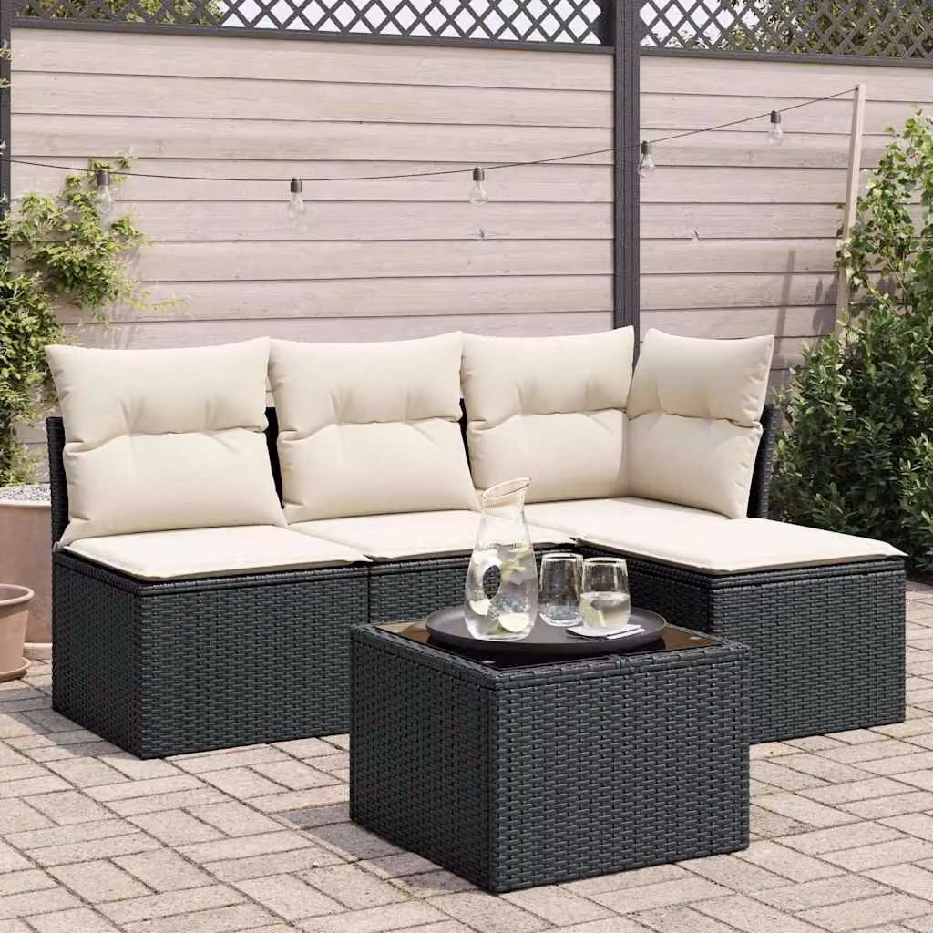 vidaXL Set Divani da Giardino 5 pz a Forma a L con Cuscini in Polyrattan e Tavolino Nero – 1